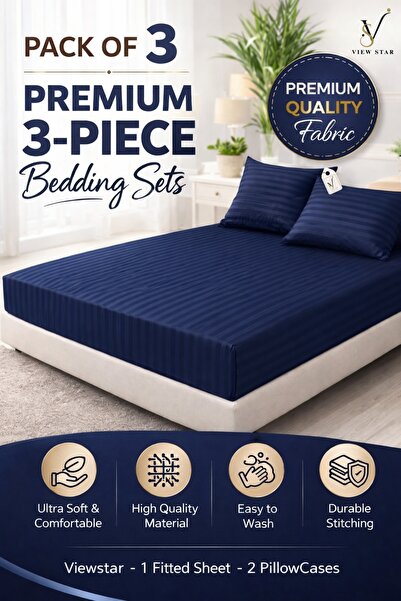 View star 3-Piece Striped Fitted Dark Blue Bed Sheet Set with 2 Pillowcases, ...