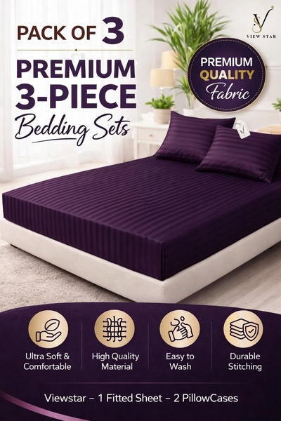 View star 3-Piece Striped Fitted Purple Bed Sheet Set with 2 Pillowcases, Sof...