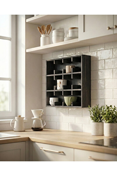 bevorev Dekoratif Ahşap Kupa Bardak Rafı, 12 Bölmeli Raf, Mutfak Rafı