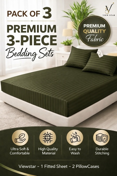 View star 3-Piece Striped Fitted Olive Green Bed Sheet Set with 2 Pillowcases...