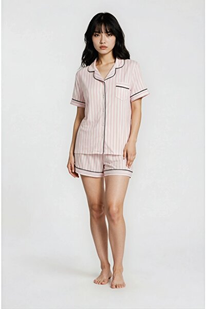 Ecrou Women's Powder Striped Viscose Peter Pan collar Short Sleeve Shorts Paj...