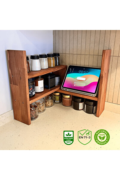 WOODHAUS Masif Ahşap Mutfak Rafı Büyük Boy Tezgah Üstü Düzenleyici Kahve Köşe...