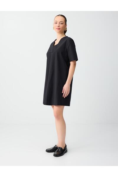 Jimmy Key Black Relaxed Fit Short Sleeve V-Neck Woven Mini Dress
