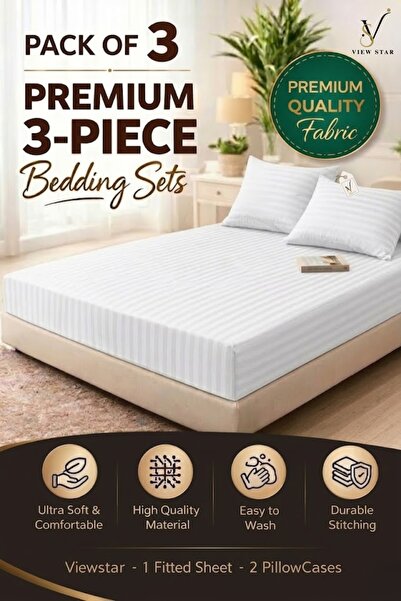 View star 3-Piece Striped Fitted White Bed Sheet Set with 2 Pillowcases, Soft...