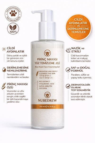 NUBEDREW Pirinç Mayası Yüz Temizleme Jeli 200 ml Aydınlatıcı, Gözenek Sıkılaş...
