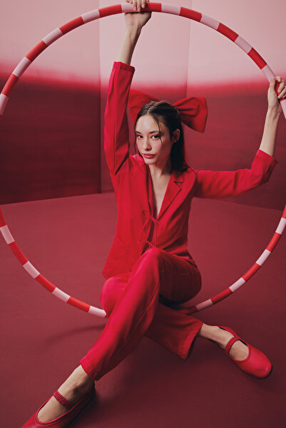 Penti Κόκκινο Σετ Πιτζάμες Bella με Σατέν Πουκάμισο και Παντελόνι με Κουμπιά