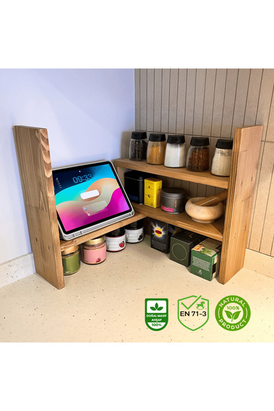 WOODHAUS Masif Ahşap Mutfak Rafı Büyük Boy Tezgah Üstü Düzenleyici Kahve Köşe...