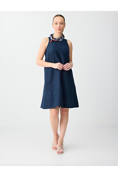 Jimmy Key Navy Blue 100% Linen Sleeveless Crew Neck Mini Dress