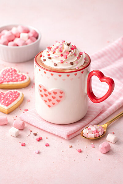 Tohana Hearts Porselen Kalp Kupa – 360 ml Romantik Tasarım Kahve ve Çay Kupası