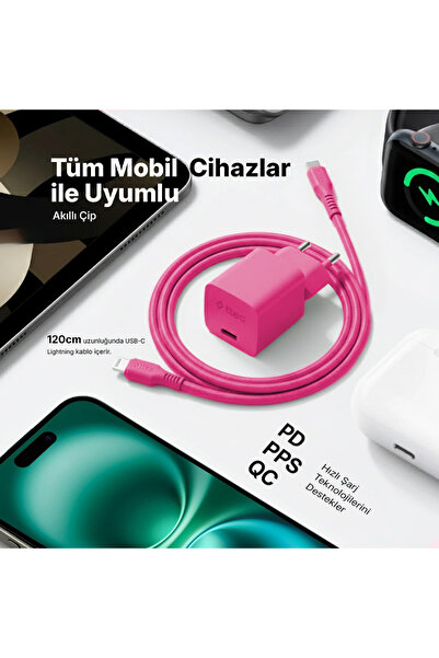 Ttec SmartCharger GAN 20W PD Seyahat Hızlı Şarj Aleti+USB-C-Lightning 120cm Kablo Neon Pembe