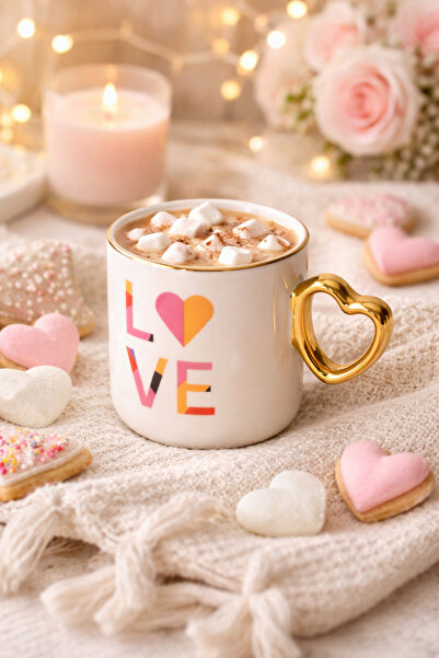 Tohana Porselen Kalp Love Kupa Gold Saplı 360ml