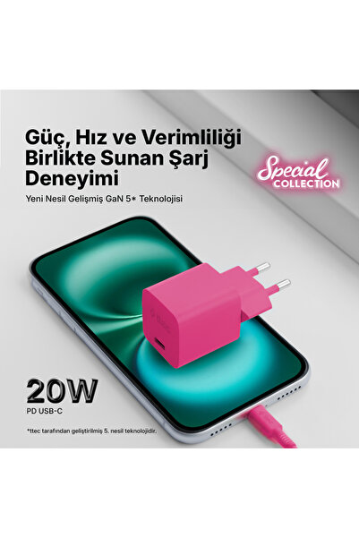 Ttec SmartCharger GAN 20W PD Seyahat Hızlı Şarj Aleti+USB-C-Lightning 120cm Kablo Neon Pembe