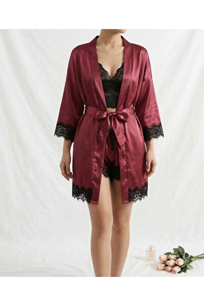 Lily Hub طقم لانجري فاخر من الساتان دانتيل مكون من 4 قطع - ملابس نوم عنابية م...