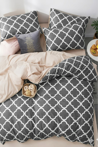 İQON طقم غطاء لحاف ملاءات جاهزة باللون الرمادي العسلي المزدوج