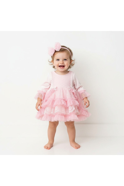 Ürünya Kız Bebek Uzun Kollu Bandanalı Tüllü Tokalı Elbise