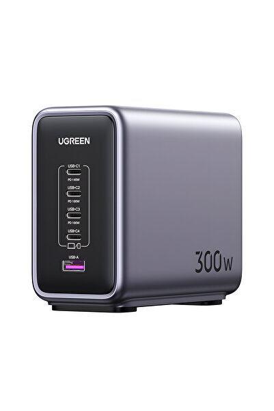 Ugreen Nexode 300W GaN 5 Portlu Hızlı Şarj Cihazı İstasyonu, 4xUSB-C, 1xUSB-A, Gri, 90903B