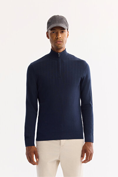 Avva Men's Navy Blue Stand Collar Zippered Soft Touch Striped Knitwear Regula...