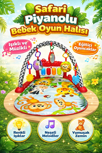 BebeMango Safari Piyanolu Bebek Oyun Halısı Hayvan Figürlü Işıklı ve Müzikli ...
