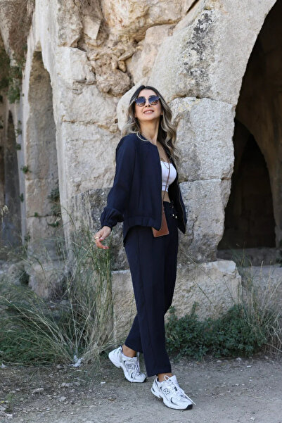 bytugcekaya Set de pantaloni jachetă cu fermoar bleumarin