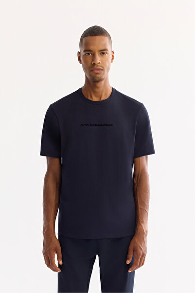 Avva Men's Navy Blue Crew Neck Viscose Blend Bi-Stretch Printed Regular Fit T...