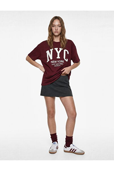 Koton Άνετο μπλουζάκι με κοντό μανίκι με τύπωμα με λαιμόκοψη ποδηλατικού τύπου