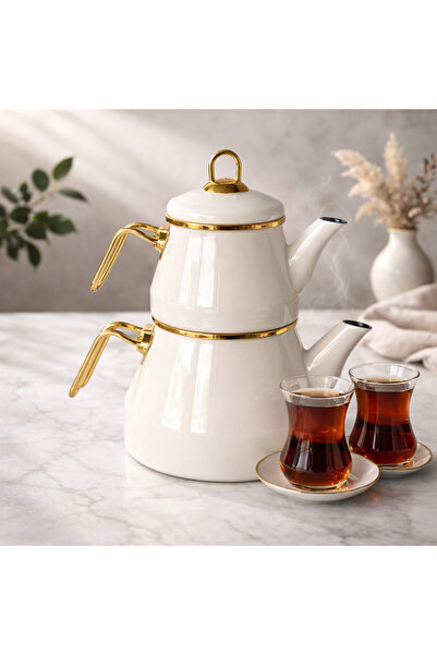 Noah Exclusive إبريق شاي مطلي بالمينا 3 قطع من الستانلس ستيل - كريمي