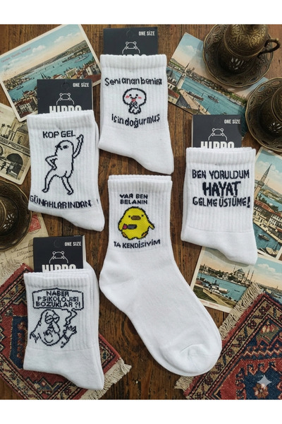 Hippo 5 ÇİFT Yazılı Neşeli Kolej Tenis Çorap Dikişsiz Coton