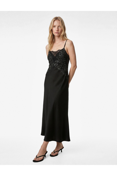 Koton Rochie de seară din satin, midi, fără mâneci, cu decolteu în V, cu paie...