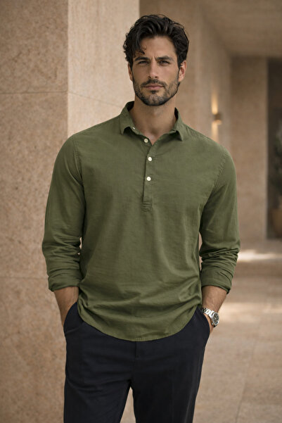 Valiberta Half Pat Collar York Cotton Fabric Long Sleeve Men's Shirt - Light ...