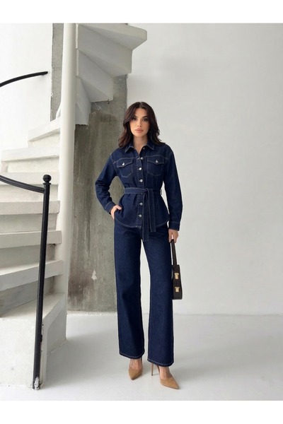 KENE JEANS Belted Navy Blue Double Jacket+Pants Denim Suit