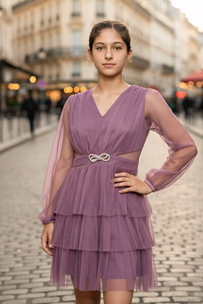 SUBU TASARIM Παιδικό βραδινό φόρεμα από τούλι με λεπτομέρεια από πέτρινα αξεσ...