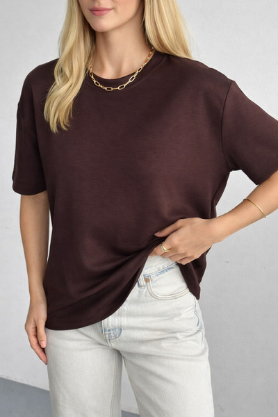 İLKCET MODA Crew Neck Brown Modal Fabric Women's T-Shirt