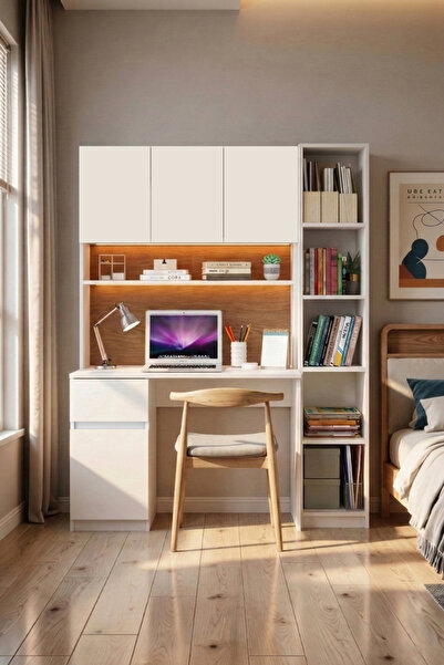 Avmpark Lamel Çalışma Masası Raflı Çekmeceli Bilgisayar Masası Led Işıklı + K...