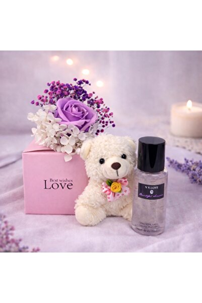 velve Set cadou cu ursulet de plus crem, trandafir mov de sapun, gypsophila c...