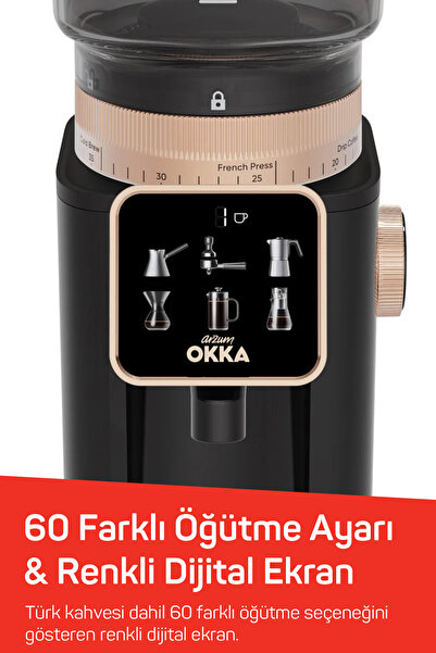 Arzum OK0044 Okka Master Grind Kahve Öğütücü, 60 Öğütme Ayarlı, Dijital Ekranlı, Bakır