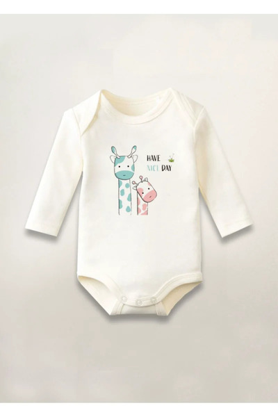 MODA Have Nice Day Giraffes Printed Cotton Long Sleeve Snap Baby Bodysuit Und...