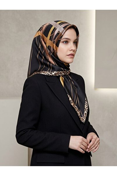 Trend Parla %100 SAF SURA İPEK GEOMETRİK DESENLİ TABA SİYAH LEOPAR DETAYLI EŞARP