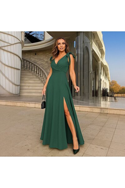 MİO Women's Straps Shoulder Tie Double Breasted Collar Long Slit Janjan Crepe...