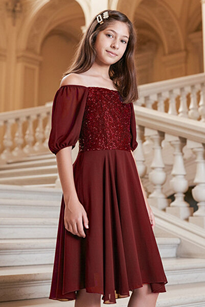 SUBU TASARIM Balloon Sleeve Detailed Chiffon Evening Dress Claret Red Mdv332