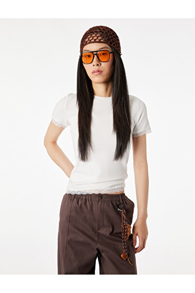 Koton Lace Detailed Short Sleeve Crew Neck Modal Blend Slim Fit T-Shirt