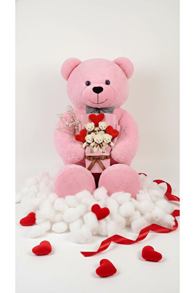 Pababo Sevgiliye Özel 160 Papyonlu Büyük Ayıcık ve Kalpli Krem Ayıcık Buketi