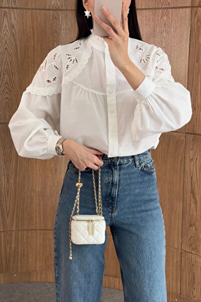 BRTC design Women's White Shoulder Eyelet Embroidery White Shirts