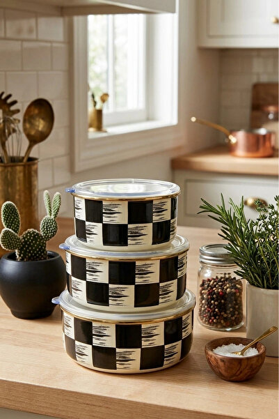 Paçi Kitchen Checkerboard Pattern Black-cream Enamel 3-Piece Storage Containe...
