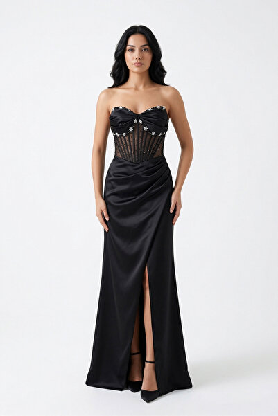 BDM Exclusive Straplez Çicek Taş Detaylı Yırtmaçlı Uzun Saten Abiye Elbise