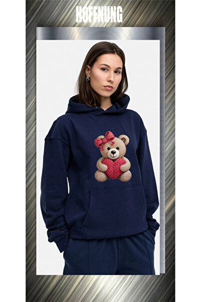 HOFFNUNG unisex bumbac lu supradimensionat Heart Bear cu imprimeu cu glugă Gl...