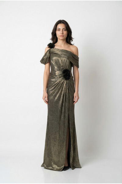 BDM Exclusive El İşçiliği Drapeli Çiçek Aplikeli Özel Tasarım Uzun Abiye Elbise