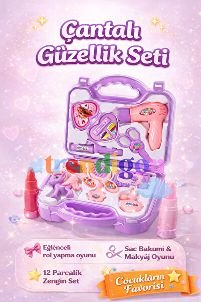 DENAPCAL Kız Çocuk Çantalı Güzellik Seti Oyuncak Makyaj Seti 12 Parça Rol Yap...