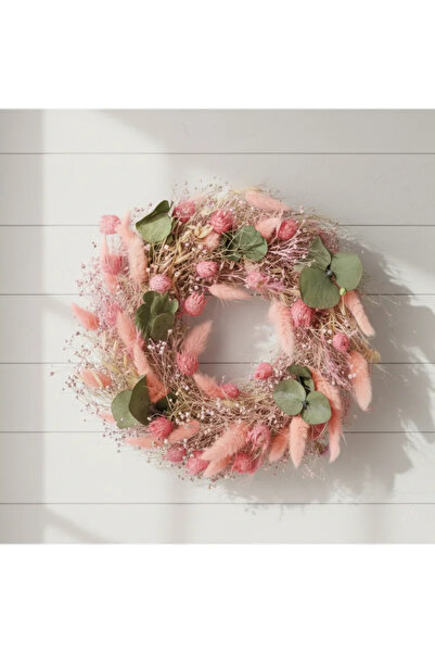 VS NATURAL PRODUCTS 30 cm Doğal Kurutulmuş Çiçek Çelenk - El Yapımı Pembe Boh...