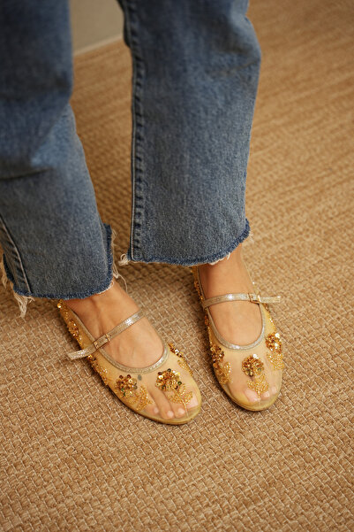 diclepolat Γυναικεία παπούτσια μπαλαρίνας από χρυσό πέτρινο διχτυωτό υλικό Ma...