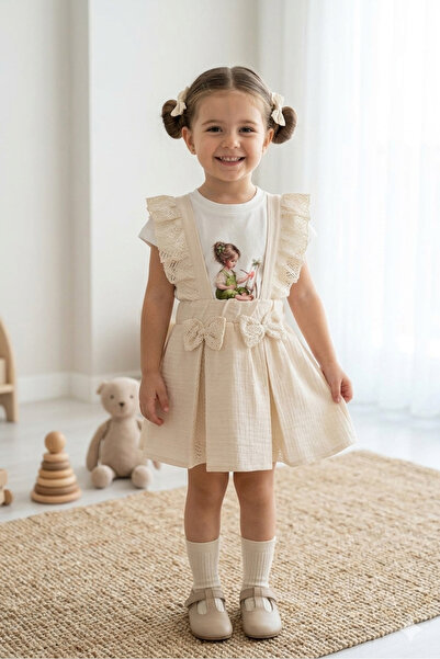 Zey Baby Двуцветна момичешка пола с ремъци и тениска